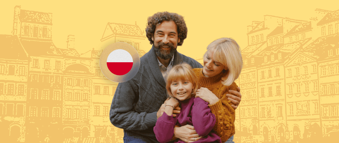 Family with a child in front of Warsaw cityscape