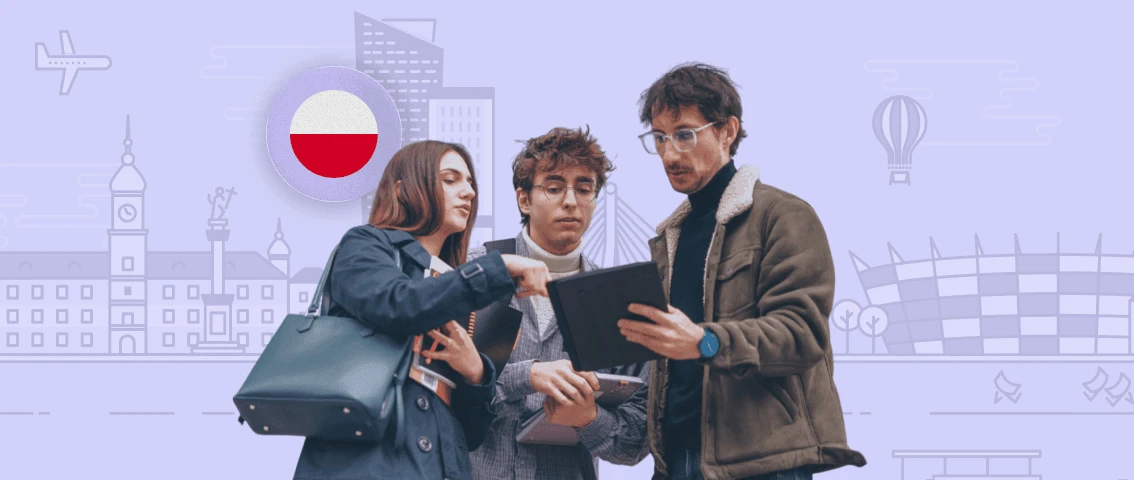 Young people with a map in Warsaw city centre